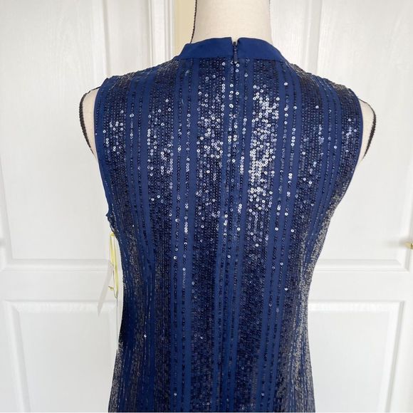 CeCe Size XS Navy & Black Sequin Layered Bow Tie Neck Sleeveless Cocktail Dress - Picture 11 of 15